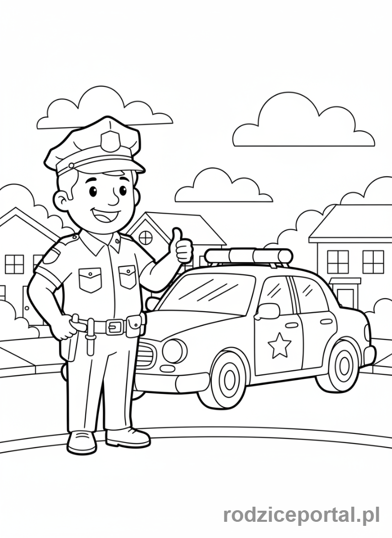 Kolorowanka Służby Ratunkowe - Policjant przy radiowozie