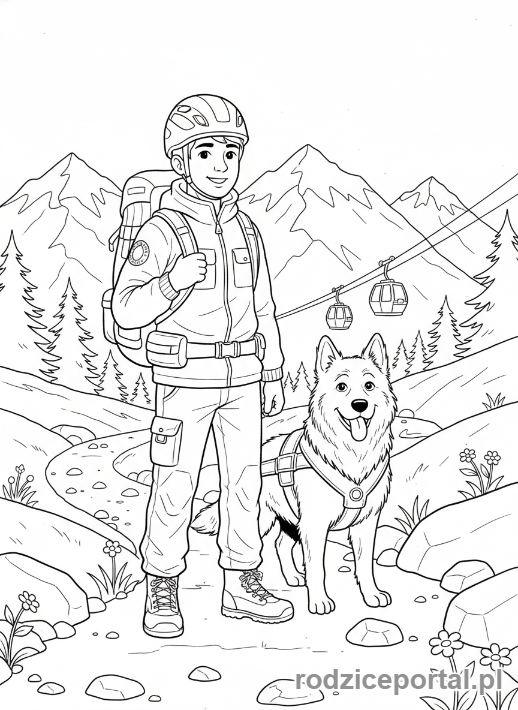 Kolorowanka Służby Ratunkowe - Ratownik GOPR pies