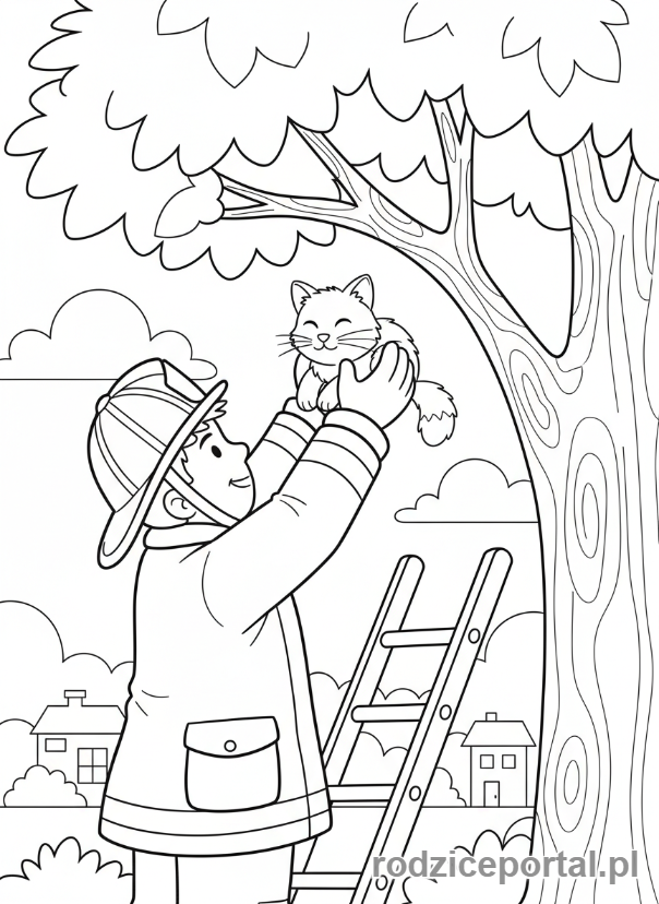 Kolorowanka Służby Ratunkowe - Strażak ratuje kota