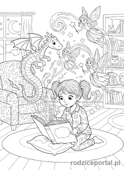 Kolorowanka Świat Wyobraźni - Dziewczynka czyta baśń