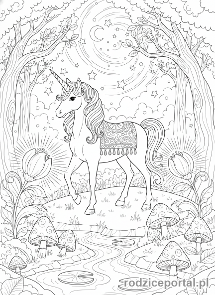 Kolorowanka Świat Wyobraźni - Jednorożec w lesie