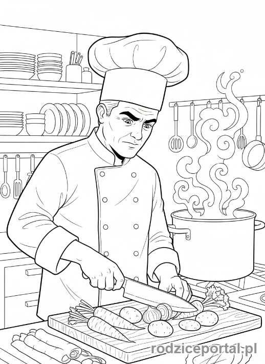 Kolorowanka Świat Zawodów Zadania - Kucharz_kroi_warzywa