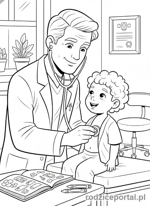 Kolorowanka Świat Zawodów Zadania - Lekarz_bada_dziecko