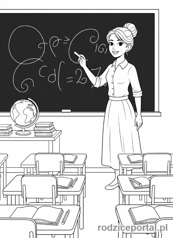 Kolorowanka Świat Zawodów Zadania - Nauczycielka_pisze_na_tablicy