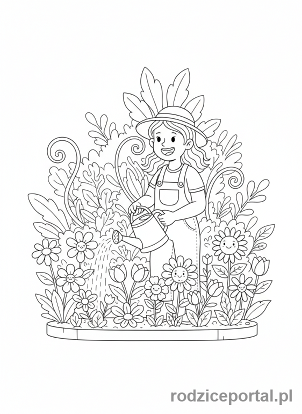Kolorowanka Świat Zawodów Zadania - Ogrodniczka_podlewa_kwiaty