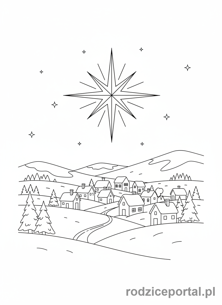 Kolorowanka Świąteczne - Betlejemska gwiazda świecąca nad miasteczkiem.