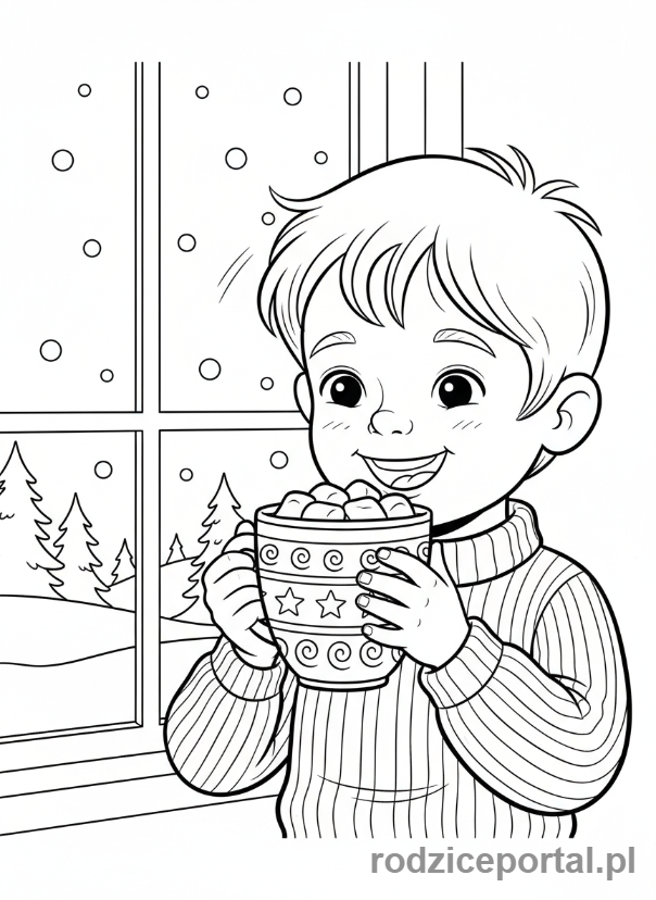 Kolorowanka Świąteczne - Dziecko pijące gorącą czekoladę z piankami.