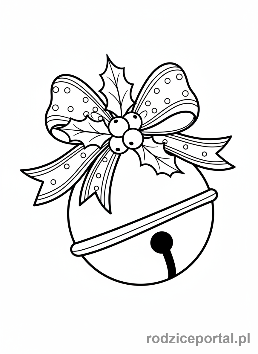 Kolorowanka Świąteczne - Dzwoneczek świąteczny z kokardką i ostrokrzewem.