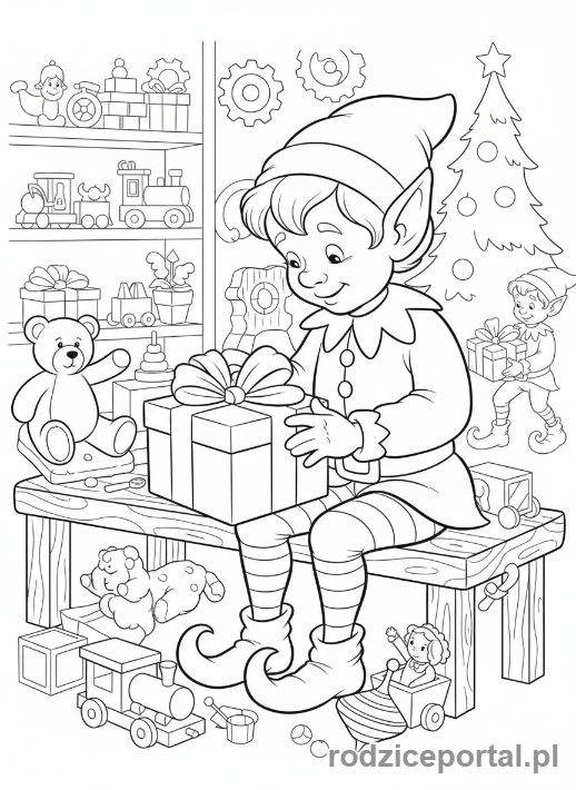 Kolorowanka Świąteczne - Elf pakujący prezenty w warsztacie Mikołaja.