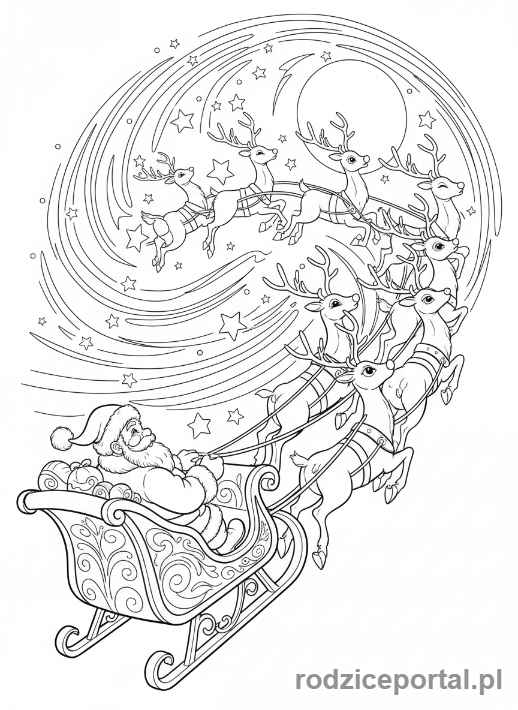 Kolorowanka Świąteczne - Mikołaj w saniach zaprzężonych w renifery.