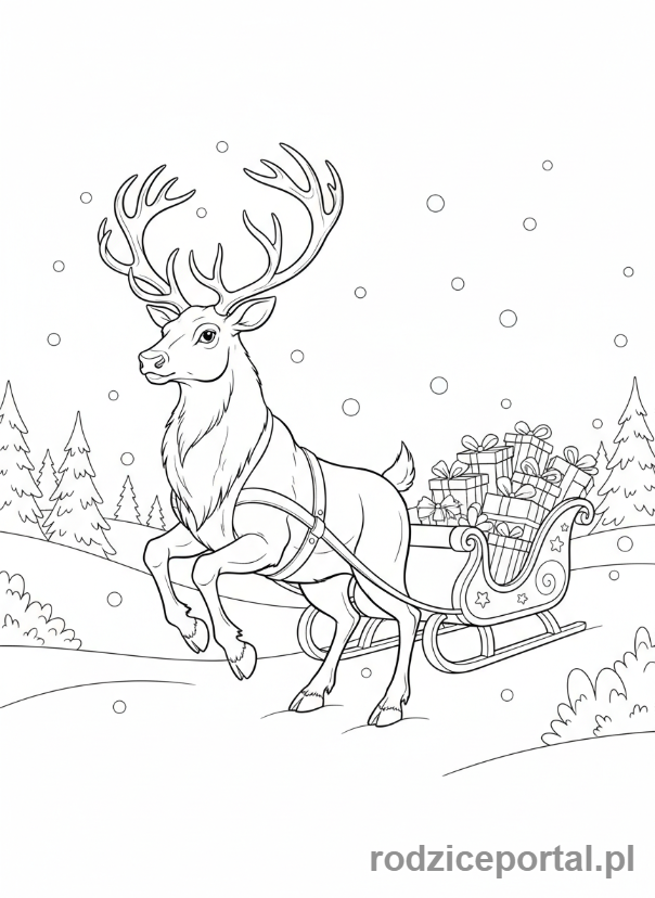 Kolorowanka Świąteczne Renifer - Renifer ciągnie sanie
