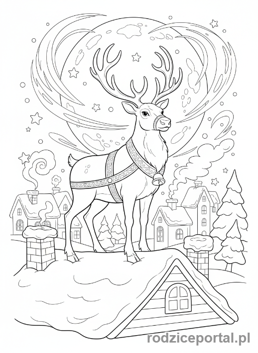 Kolorowanka Świąteczne Renifer - Renifer na dachu