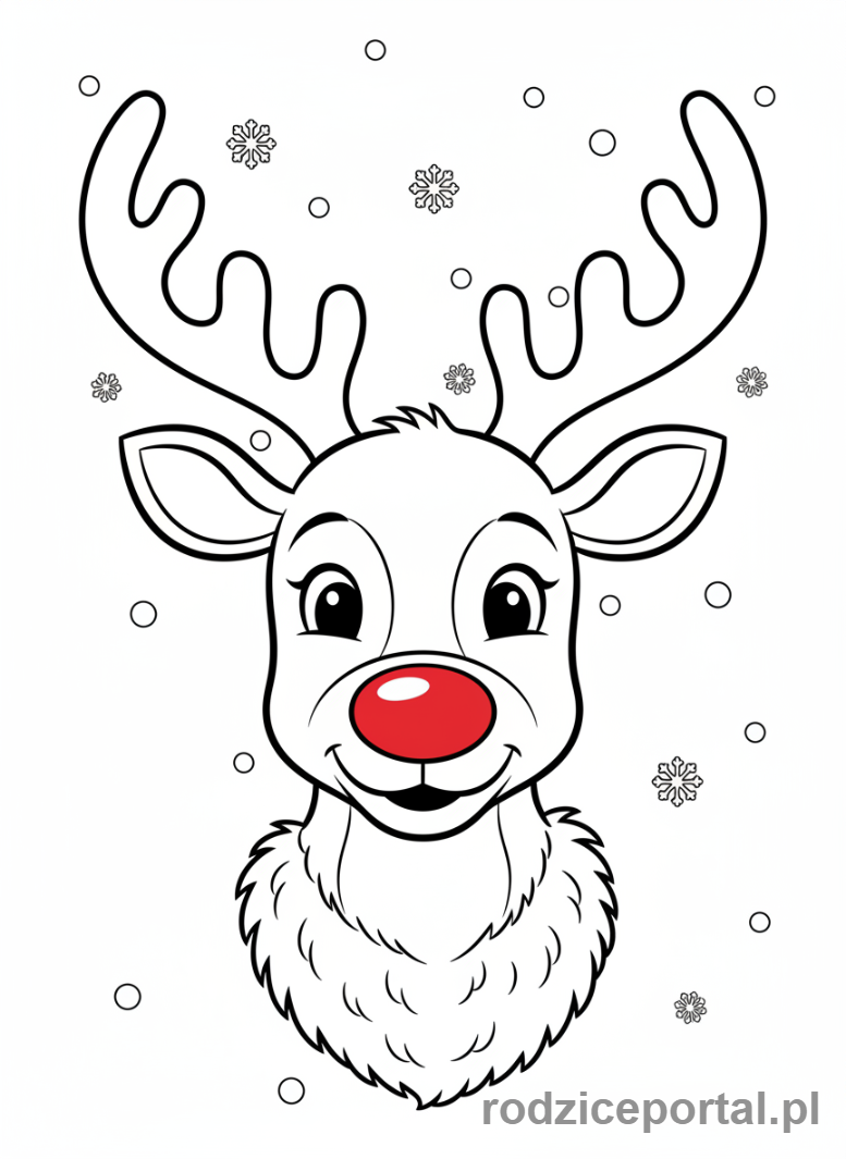 Kolorowanka Świąteczne - Renifer z czerwonym nosem w śniegu.