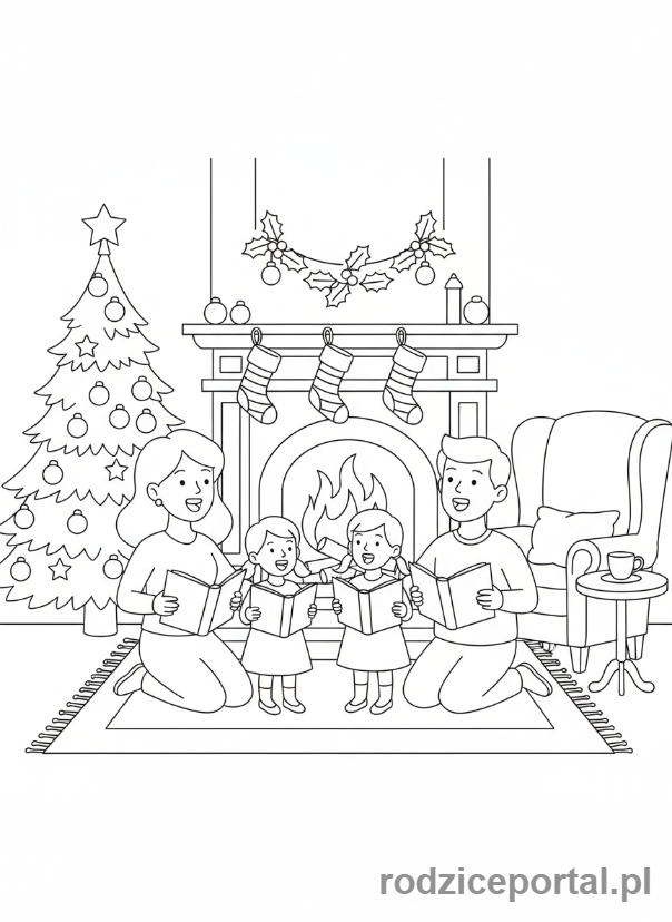 Kolorowanka Świąteczne - Rodzina śpiewająca kolędy przy kominku.