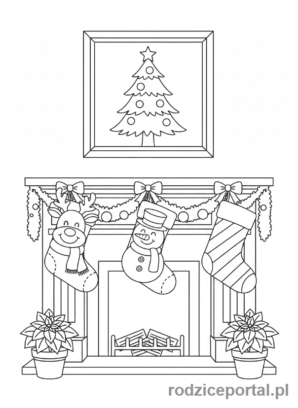 Kolorowanka Świąteczne - Skarpety świąteczne wiszące nad kominkiem.