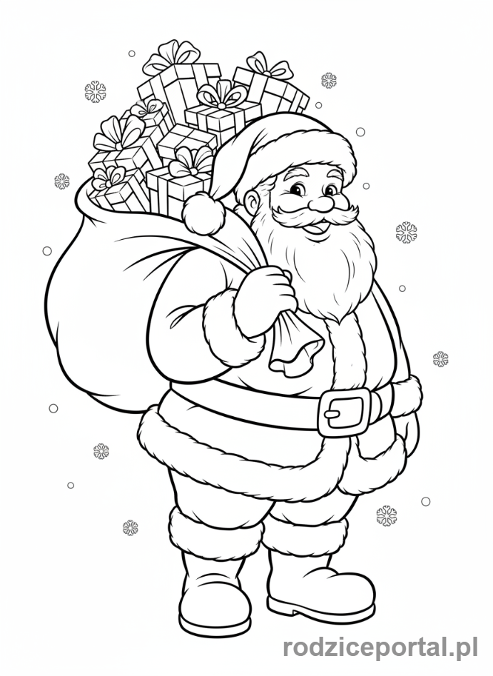 Kolorowanka Świąteczne - Święty Mikołaj niosący worek prezentów.