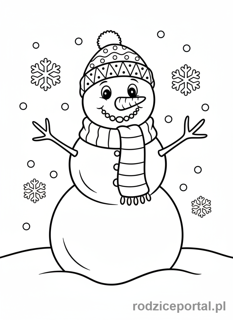 Kolorowanka Świąteczne - Uśmiechnięty bałwan z szalikiem i czapką.