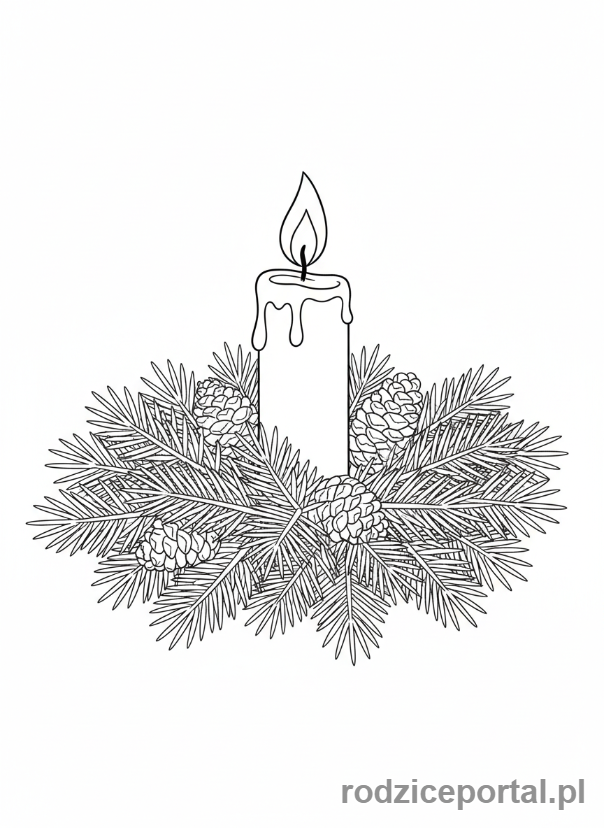 Kolorowanka Świąteczne - Zapalona świeca adwentowa otoczona igliwiem.