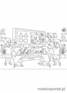 Kolorowanka Sztuczna Inteligencja Dla Dzieci - Dzieci bawią się z ekranem AI.