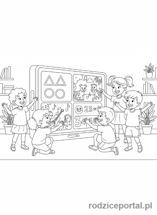 Kolorowanka Sztuczna Inteligencja Dla Dzieci - Dzieci bawią się z ekranem AI.