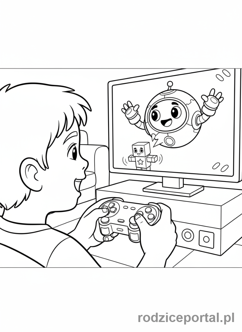 Kolorowanka Sztuczna Inteligencja Dla Dzieci - Dziecko gra w grę z postacią AI.