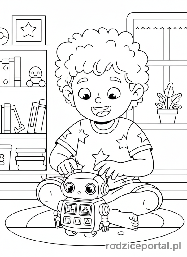 Kolorowanka Sztuczna Inteligencja Dla Dzieci - Dziecko programuje małego robota.