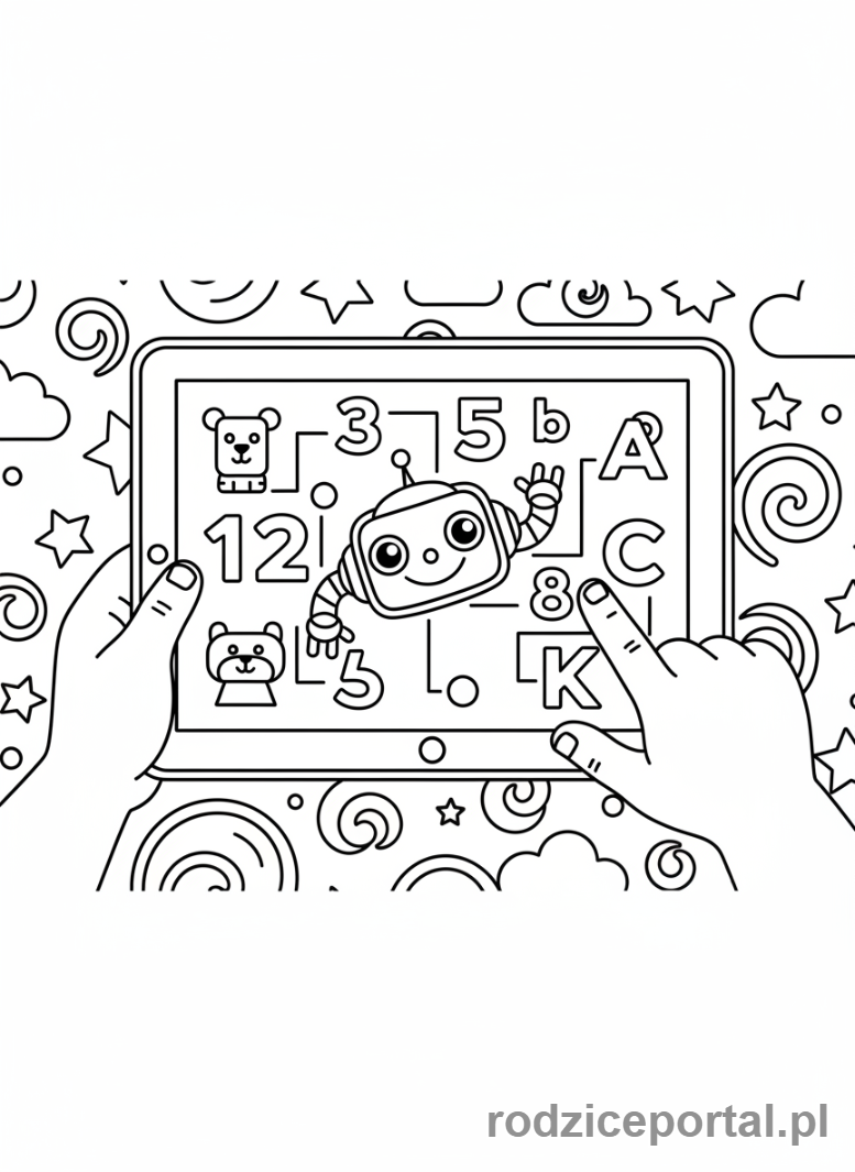 Kolorowanka Sztuczna Inteligencja Dla Dzieci - Dziecko uczy się z tabletem AI.
