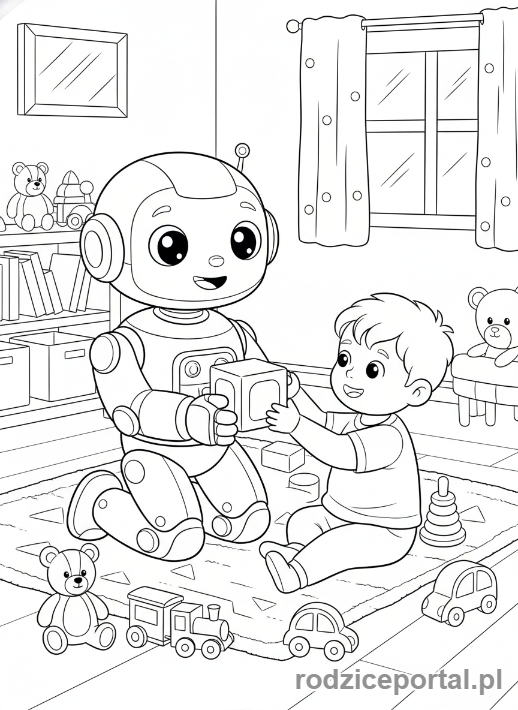 Kolorowanka Sztuczna Inteligencja Dla Dzieci - Przyjazny robot pomaga dziecku.