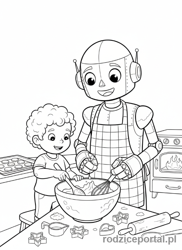 Kolorowanka Sztuczna Inteligencja Dla Dzieci - Robot kucharz piecze ciastka z dzieckiem.