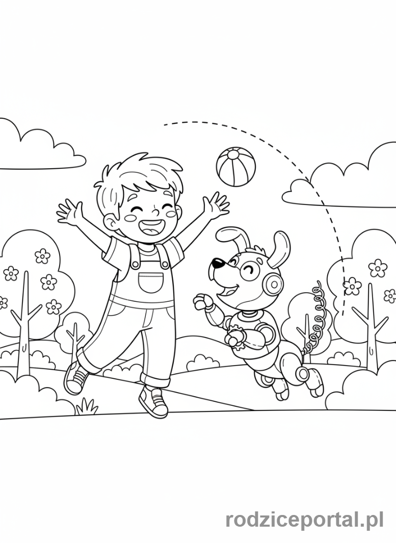 Kolorowanka Sztuczna Inteligencja Dla Dzieci - Robot-zwierzak bawi się z dzieckiem.