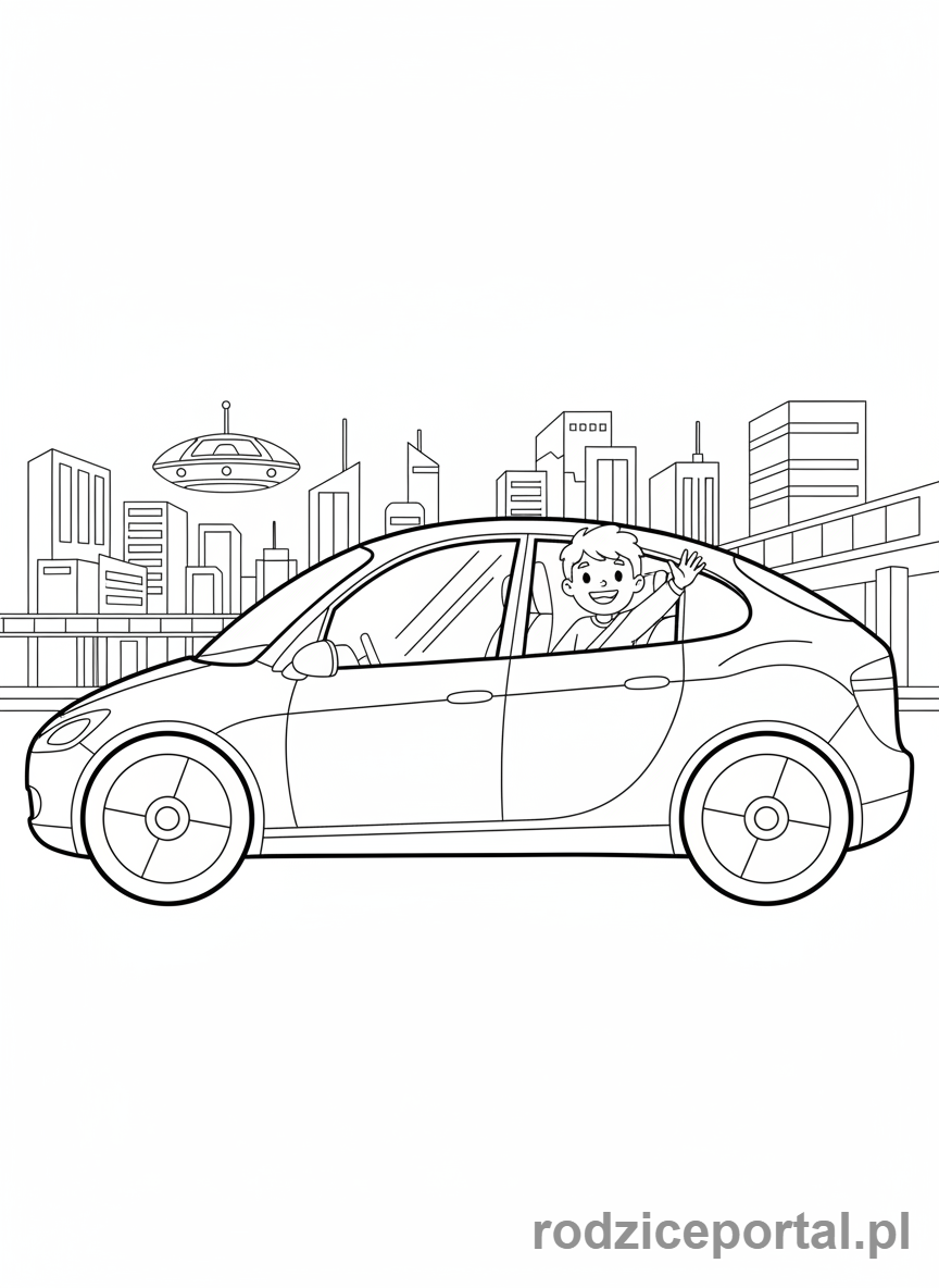 Kolorowanka Sztuczna Inteligencja Dla Dzieci - Samochód AI wiezie dziecko.