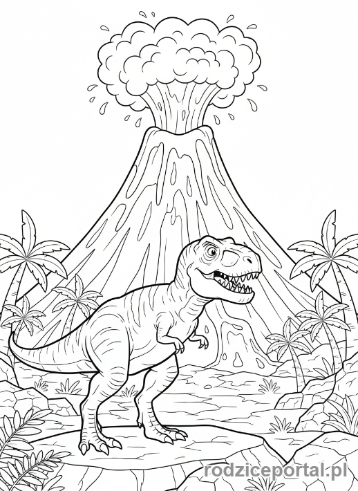 Kolorowanka T Rex - T-Rex i wulkan