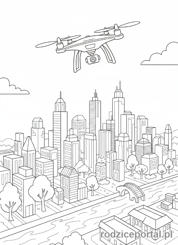 Kolorowanka Technologia - Dron nad miastem