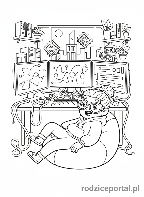 Kolorowanka Technologia - Programista przy kodzie