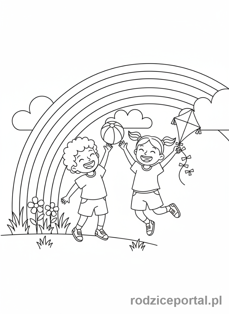 Kolorowanka Tęcza - Dzieci bawiące się pod tęczą