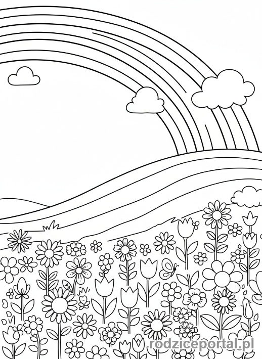 Kolorowanka Tęcza - Tęcza nad łąką kwiatów