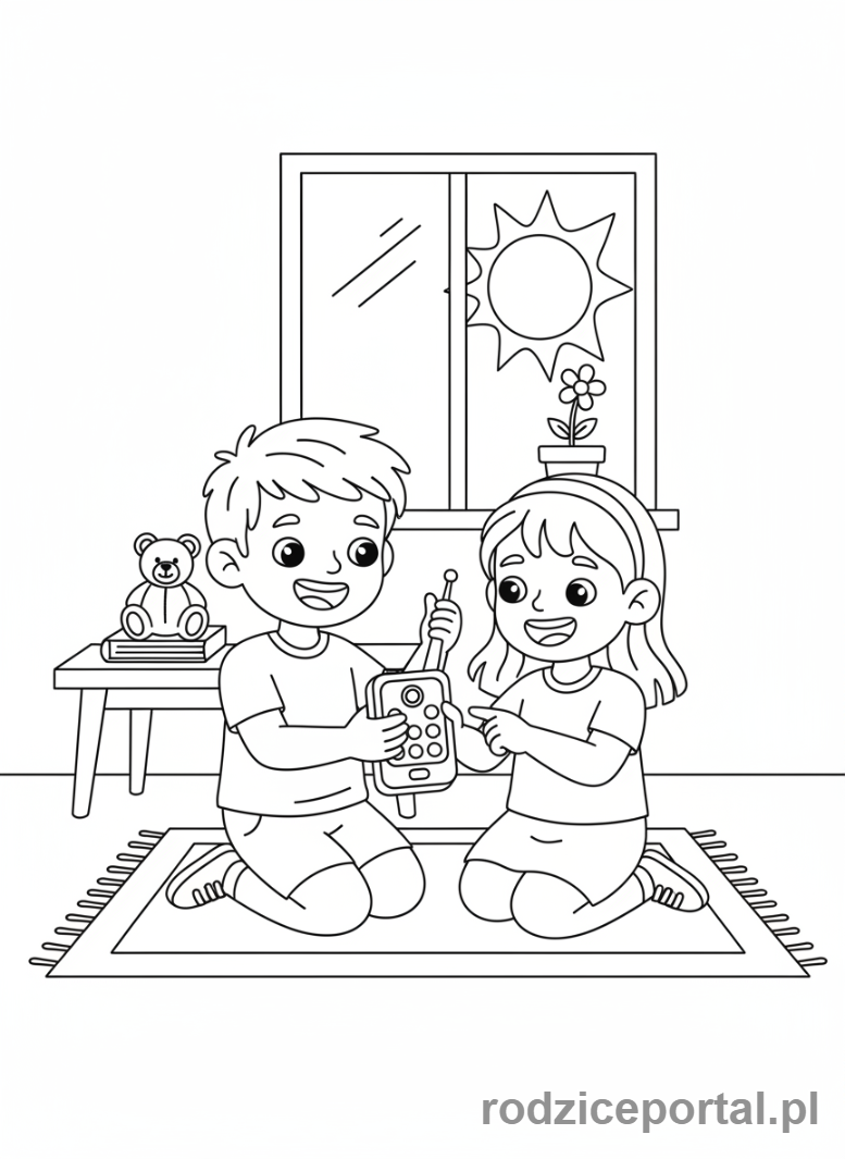 Kolorowanka Telefon - Dzieci bawiące się telefonem zabawkowym