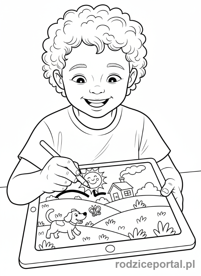 Kolorowanka Telefon - Dziecko rysujące na tablecie