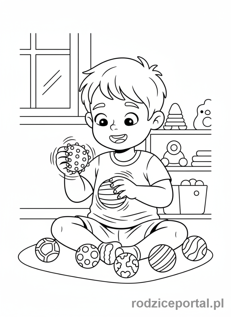 Kolorowanka Terapia Ręki - Dziecko z piłkami sensorycznymi