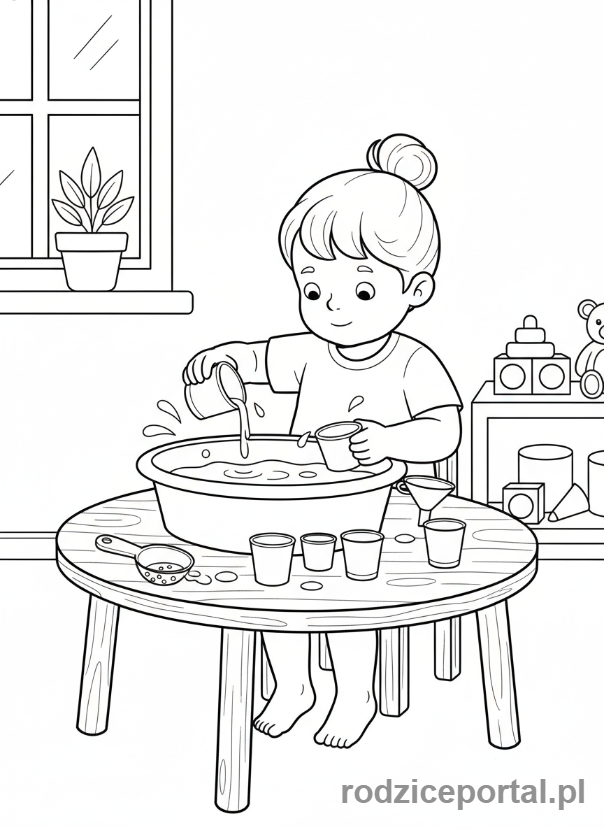 Kolorowanka Terapia Ręki - Dziecko z wodą i czerpakami