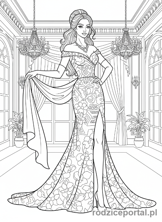 Kolorowanka Top Model - Modelka w sukni wieczorowej