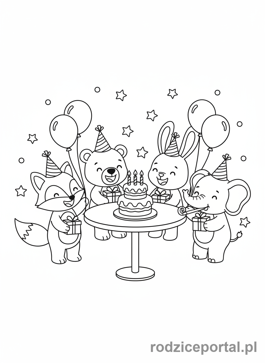 Kolorowanka Tort - Zwierzątka przy torcie