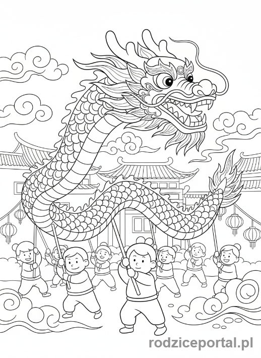 Kolorowanka Tradycje Świata - Chiński taniec smoka