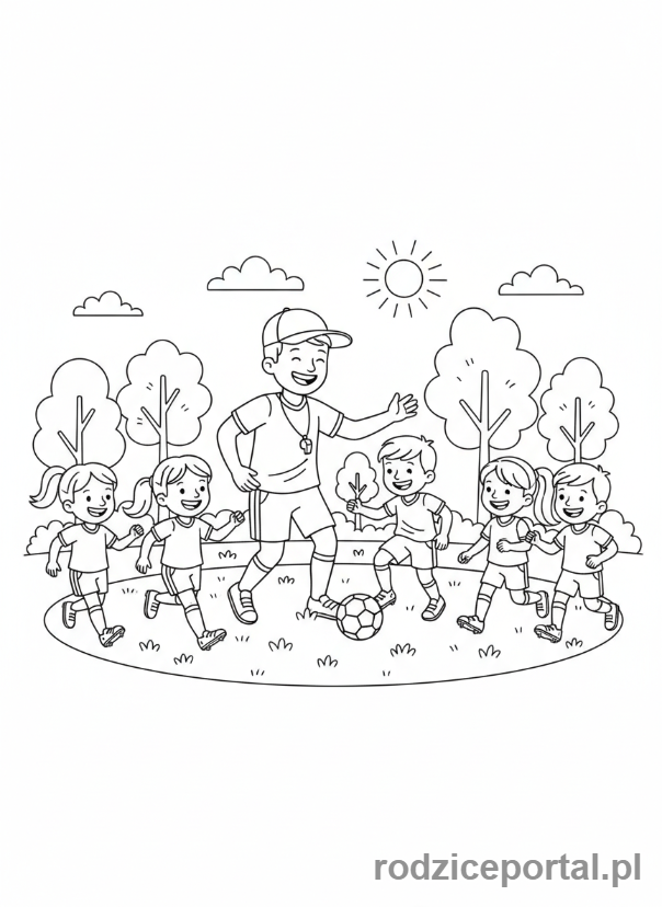 Kolorowanka Trener - Trener dzieci na boisku