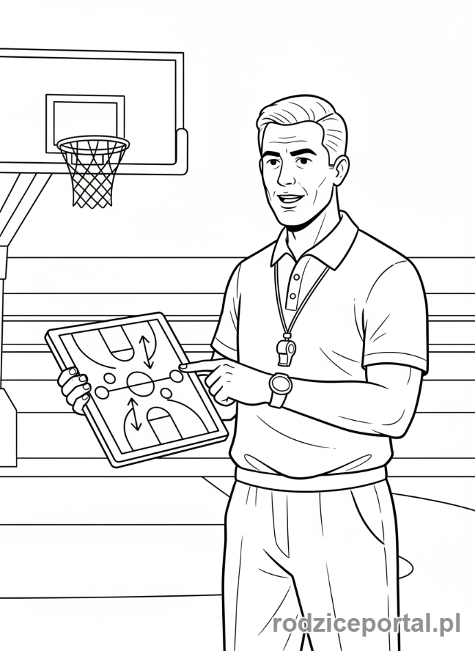 Kolorowanka Trener - Trener koszykówki z tablicą