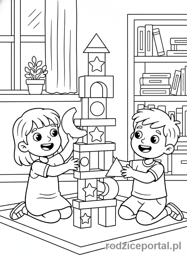 Kolorowanka Twórcze Zadania - Dzieci budujące wieżę z klocków