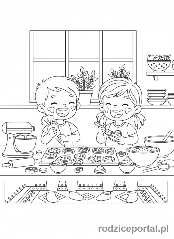 Kolorowanka Twórcze Zadania - Dzieci piekące ciastka
