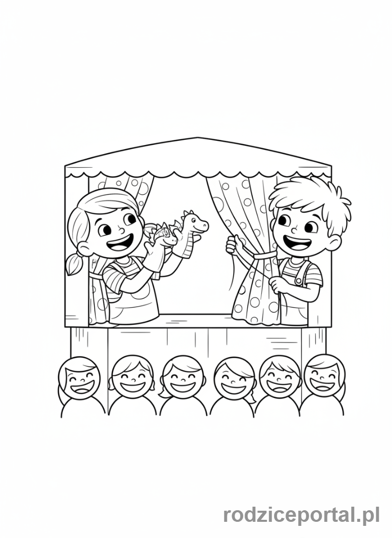 Kolorowanka Twórcze Zadania - Dzieci tworzące teatrzyk kukiełkowy