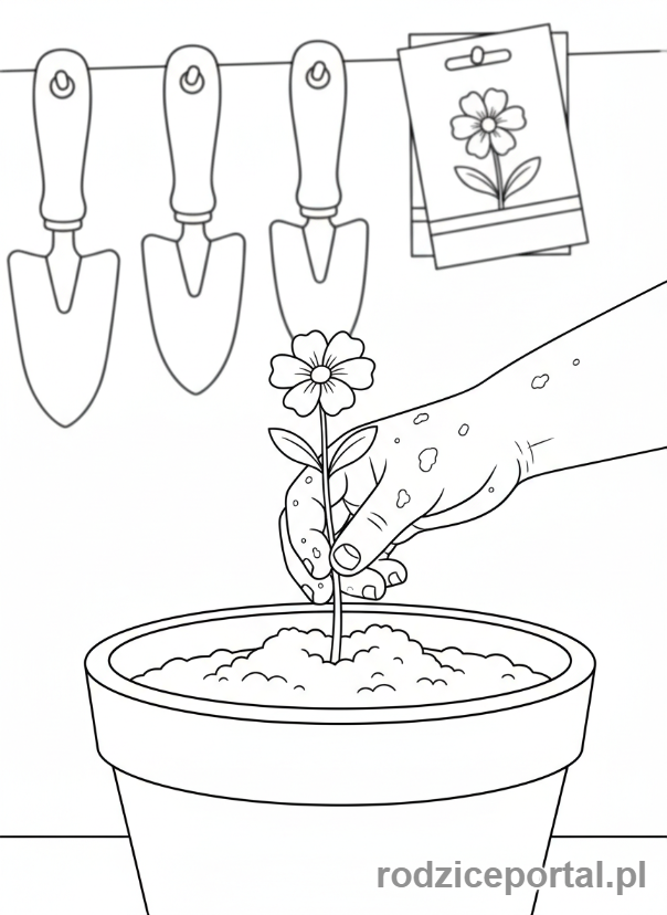 Kolorowanka Twórcze Zadania - Dziecko sadzące kwiaty