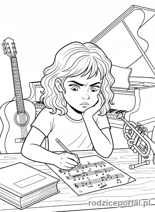 Kolorowanka Twórcze Zadania - Dziewczynka komponująca muzykę